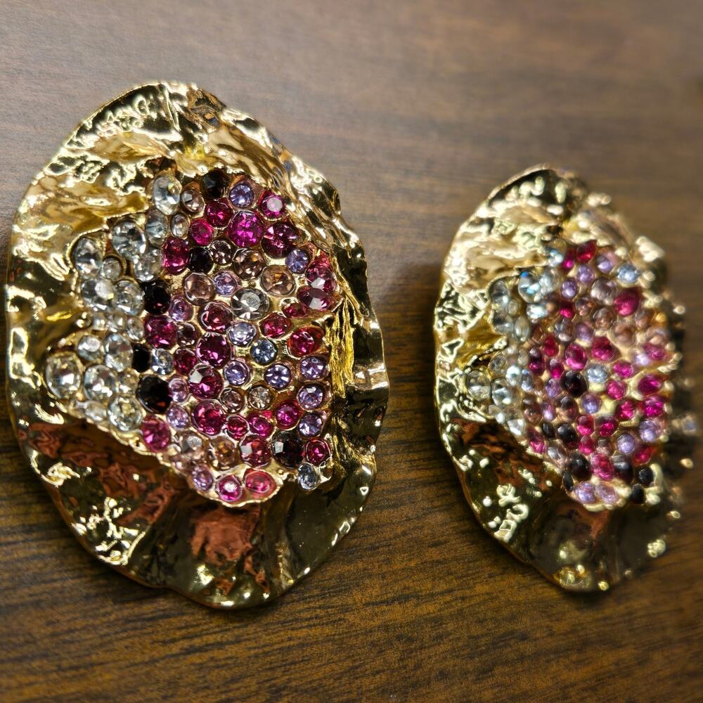 Vintage Rhinestone Cluster Earrings Heavy Crinkled Gold Geod Pink Purple Glam